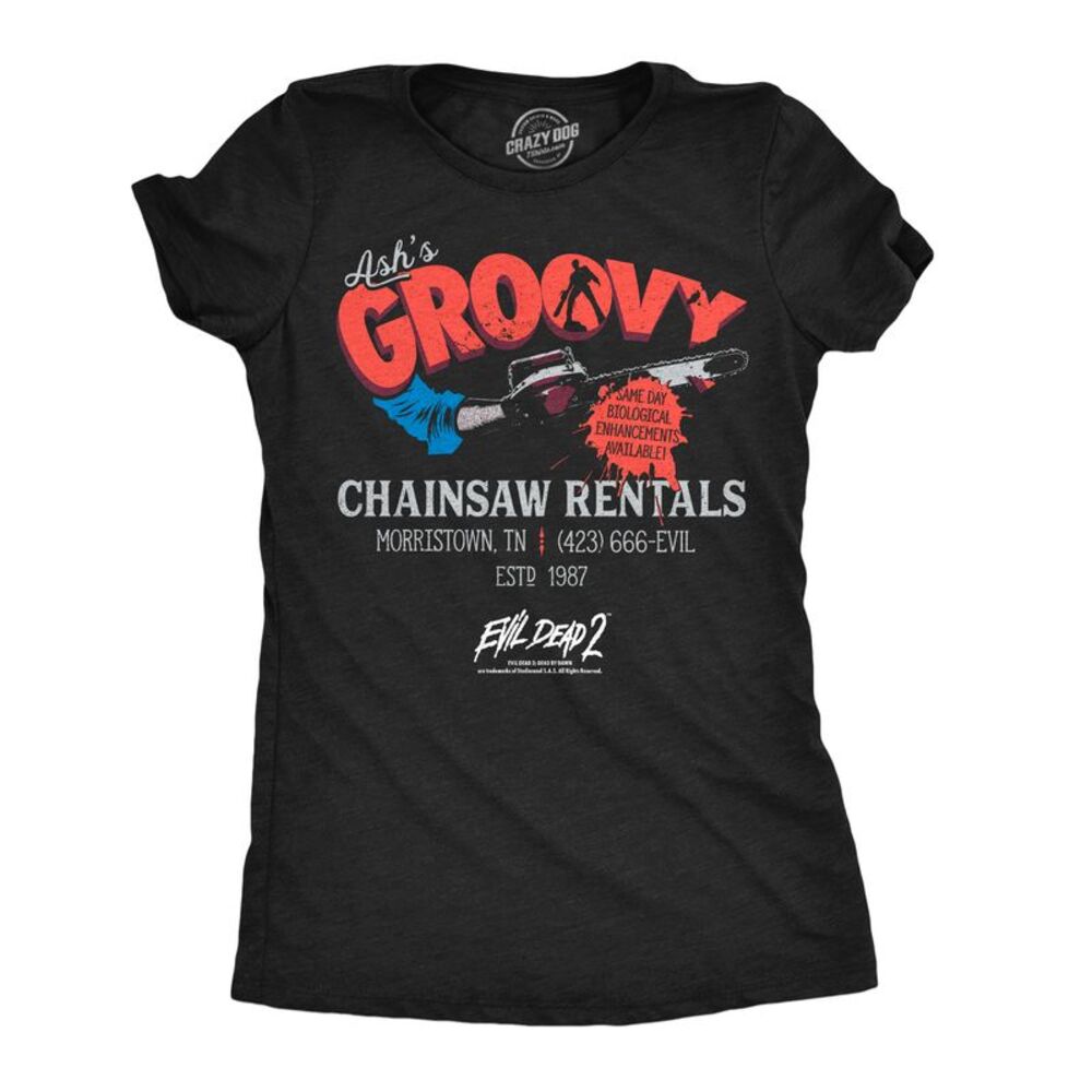 Womens T Shirts Ashs Groovy Chainsaw Rentals Evil Dead Movie Tee For Ladies